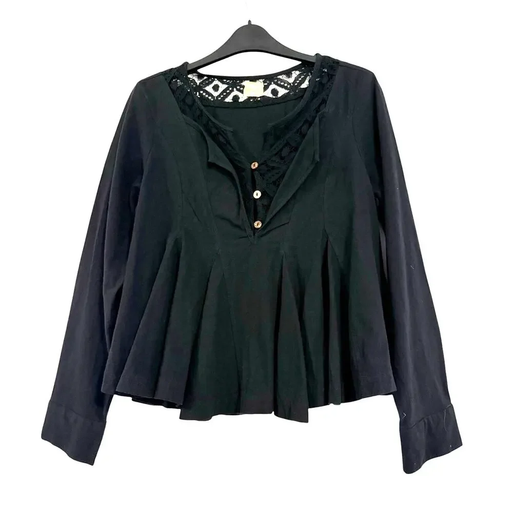 Free People Black Cotton Lace Peplum Blouse NWT XS